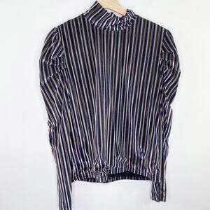 EPIK Black Blue Striped Puff Shoulder Long Sleeve Blouse Women's Size Medium M